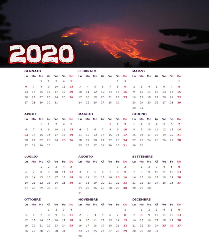 calendario annuale 2020 eruzione dell'etna