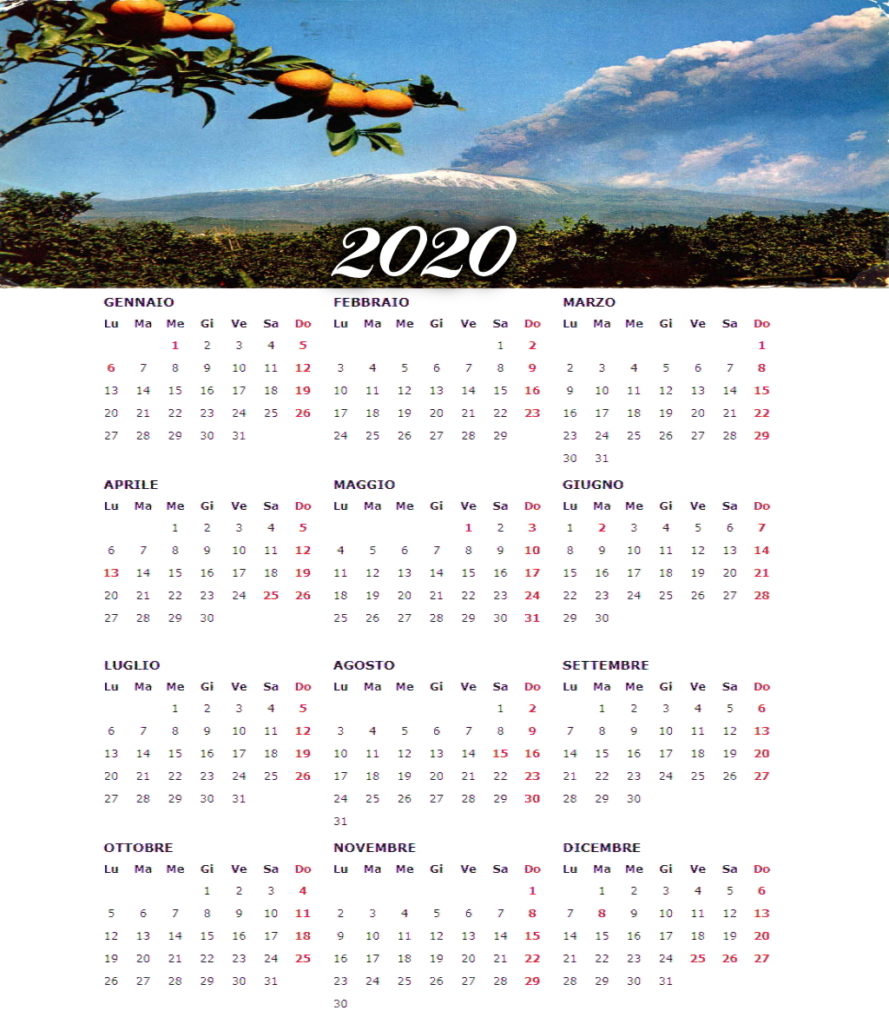 calendario annuale 2020 con sfondo immagine dell'etna