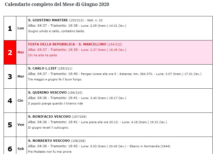 calendario giugno 2020