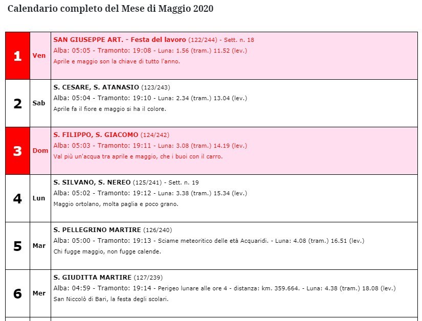 calendario maggio 2020