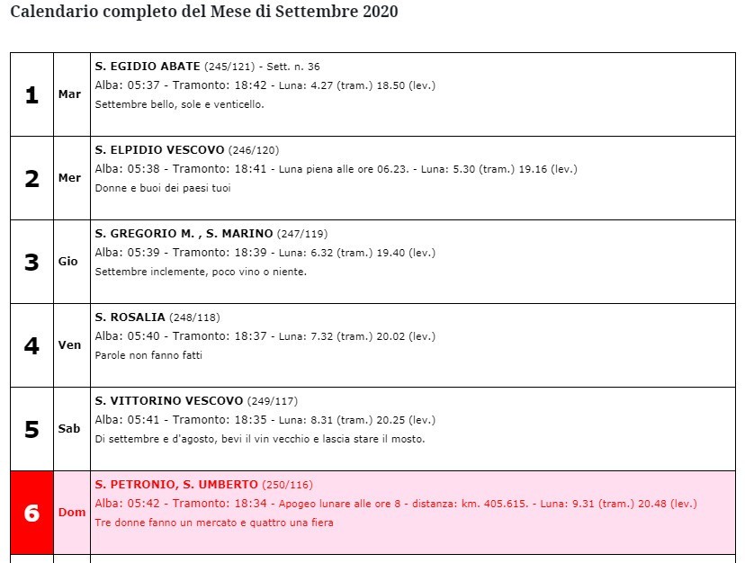 calendario settembre 2020