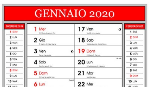 caledario gennaio 2020